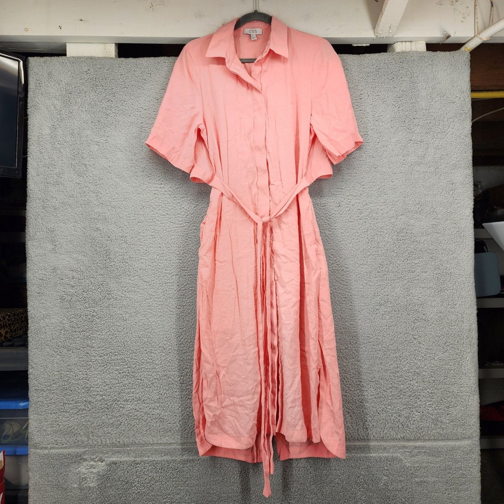 COS Pink Modal Blend Cutout Back Midi Shirt Dress Women Size 8 Coral Short Slv